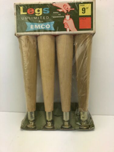 4 Vintage Mid Century EMCO Unfinished Wood Legs 9” Tapered W/ Hardware