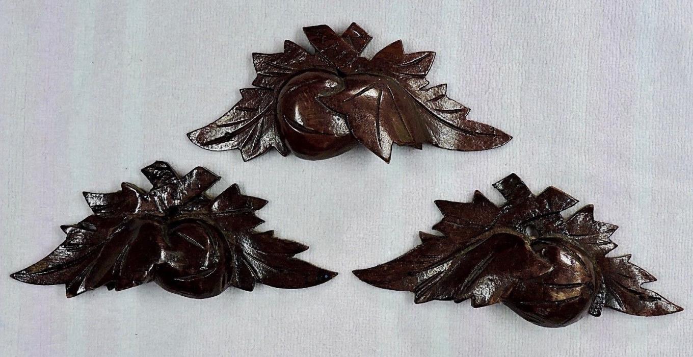 3 Atq. Victorian Salvage Decorative Hand Carved Wood/Wooden WALNUT DRAWER PULLS