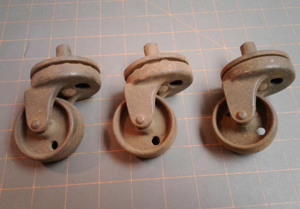 3 Roller Bearings Industrial Casters, Castors Cast Iron Circa 1880 Antique