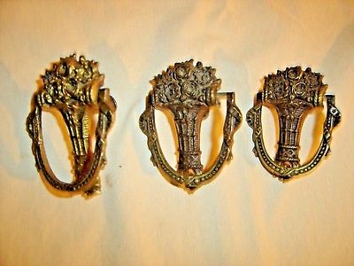 Antique  3 Brass Flower Basket Pulls - Oval backplate with bale.    124