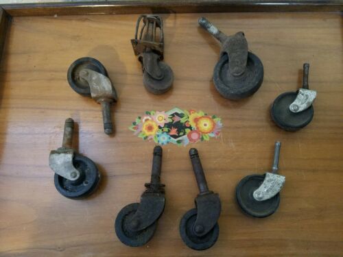 LOT 8 ANTIQUE VINTAGE FURNITURE CASTERS WHEELS IRON + WOOD + PLASTIC