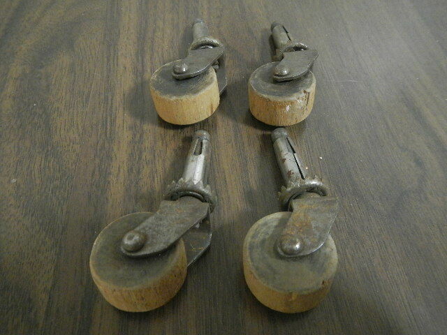 Set of 4 Antique Wood Wooden Wheel Casters Furniture Rollers Dresser Chest ++