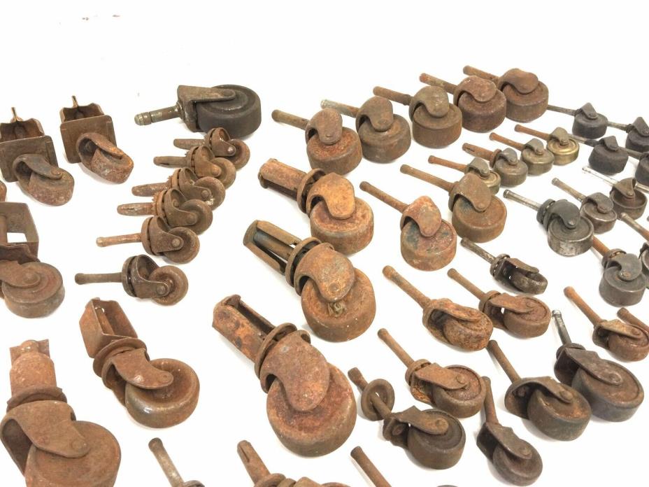 56 pc Lot Of Antique Furniture Casters Vtg Steel Brass Cast Iron Wheels Rolling