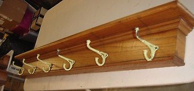Oak Shelf with 6 Hooks with original green paint.  8337