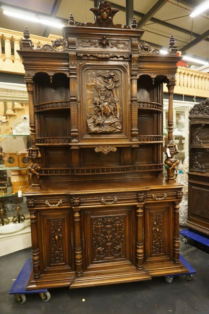 ANTIQUE CARVED WALNUT FRENCH BUFFET,SIDEBOARD,BAR CABINET