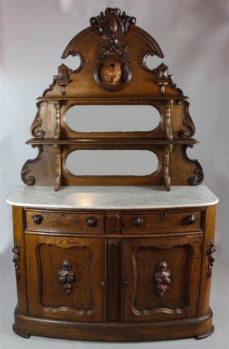 AMERICAN ROCOCO OAK OR CHESTNUT MARBLE TOP BUFFET WITH FOX HEAD