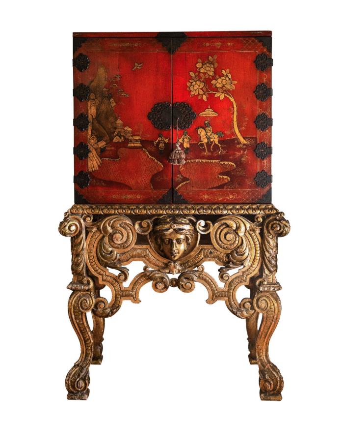 English Lacquer Cabinet on Stand Circa 1850 Gold Leaf Stand