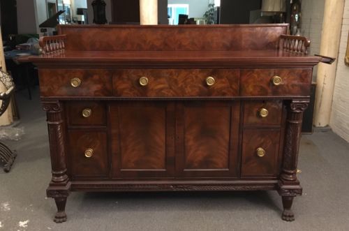 Classical Carved Mahogany Sideboard New York c.1825 Hairy Paw Feet Dish Slides