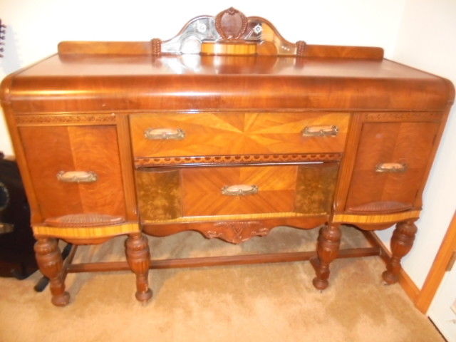 Antique Sideboard Buffet Art Deco Bakelite Handles Beveled & Etched Glass Mirror