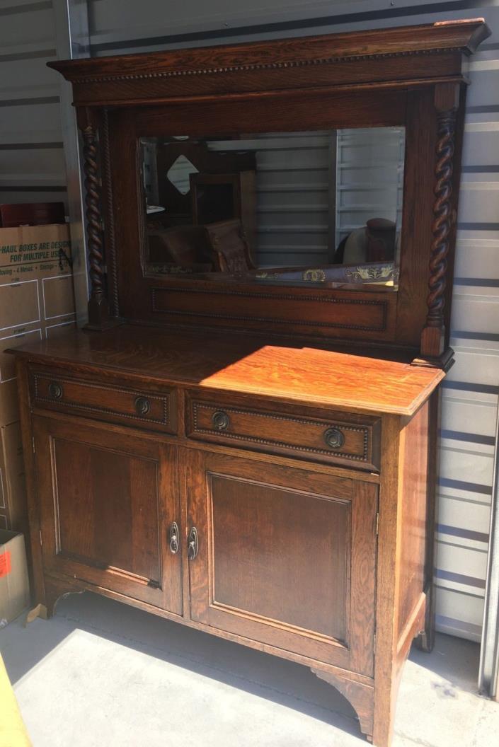 Antique Oak Sideboard Hutch Buffet with Barley Twist Columns and Beveled Mirror