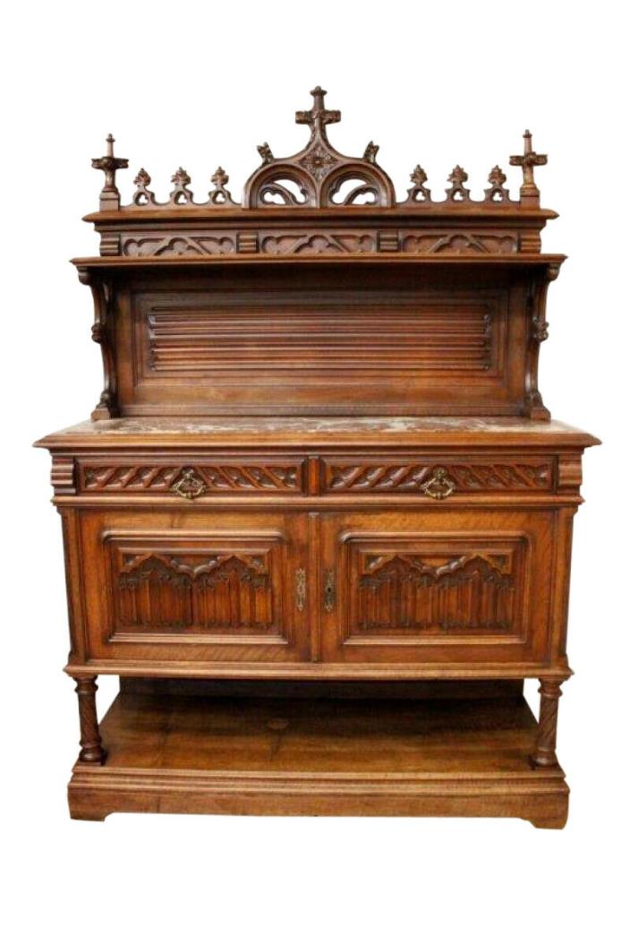 French Gothic Walnut Server includes High Crown & Marble Top, Turn of Century