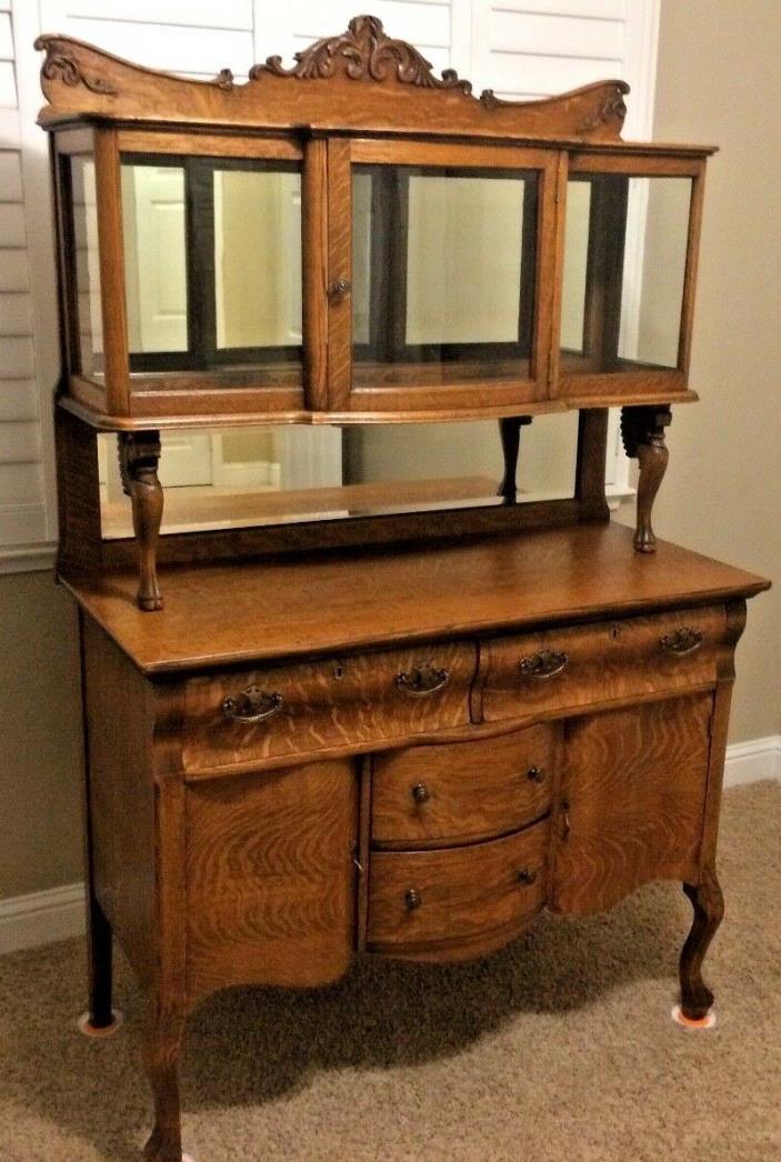Antique American Oak Sideboard Buffet Hutch Furniture Mirrors Glass Serpentine