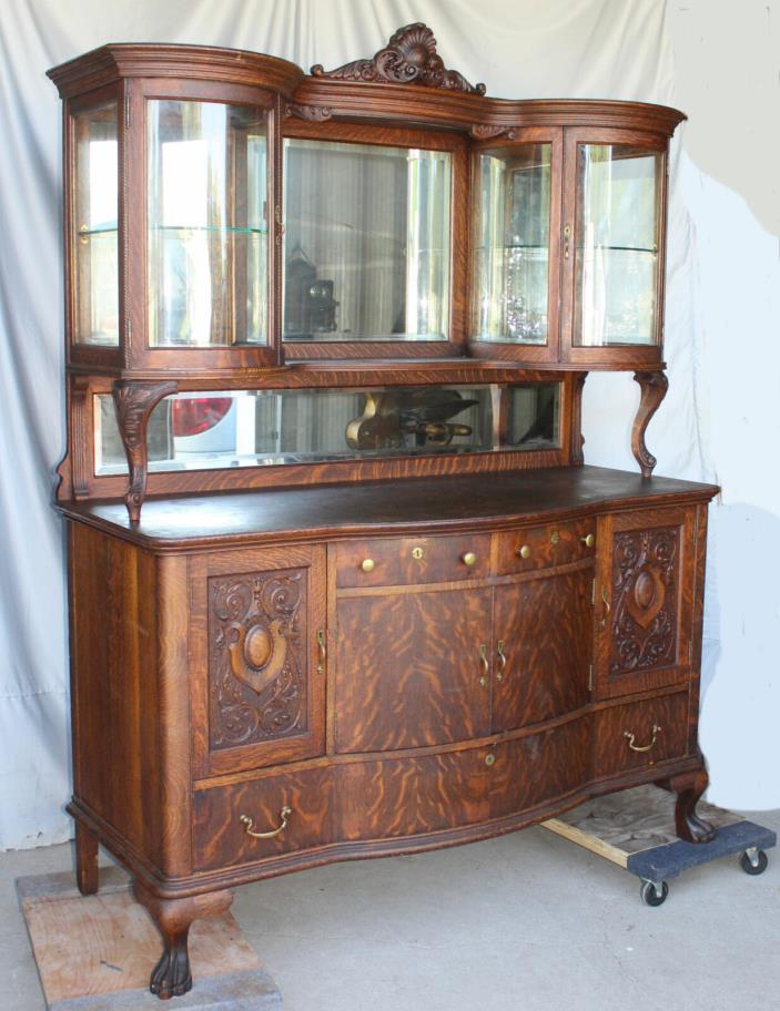 Antique Oak Sideboard Buffet with Curved Glass Curio Cabinets on Top - Fancy