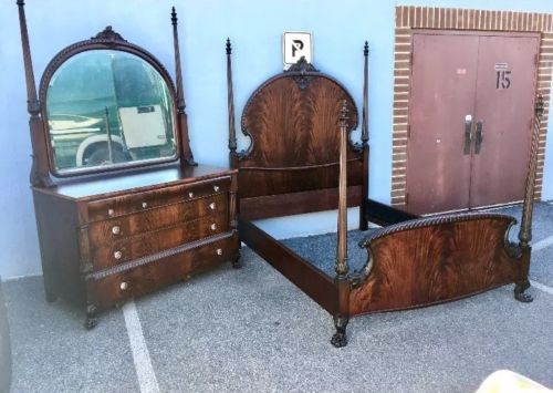 Carved Mahogany Victorian Full Size Bedset. 1890s Bed & Dresser Dolphins