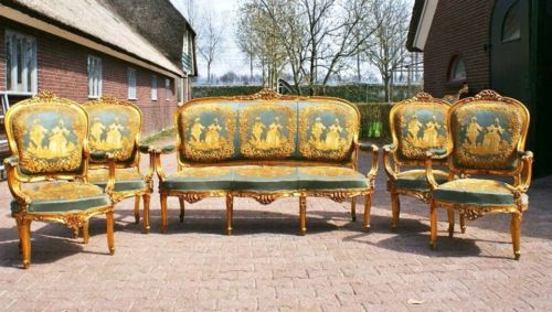 Rare Antique French Victorian Green Gold 5PC Sofa Settee and Chair Set In USA