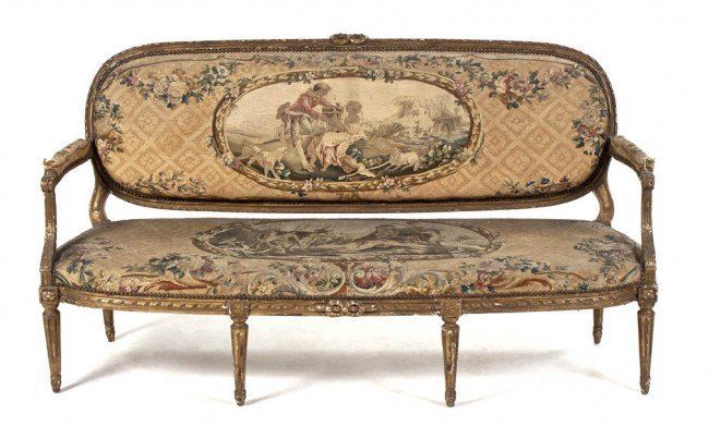 Antique French Louis XVI Style Giltwood and Tapestry Settee