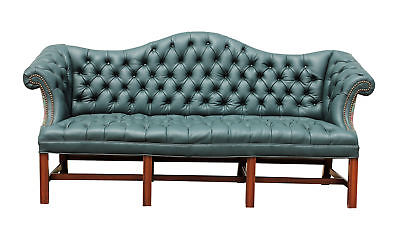 Reupholstered Green Genuine Italian Leather Camelback Tufted Sofa
