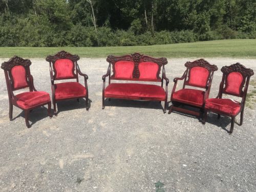 5 Piece Antique Victorian Settee Carved Parlor Set with Rocker Chair And Cherubs