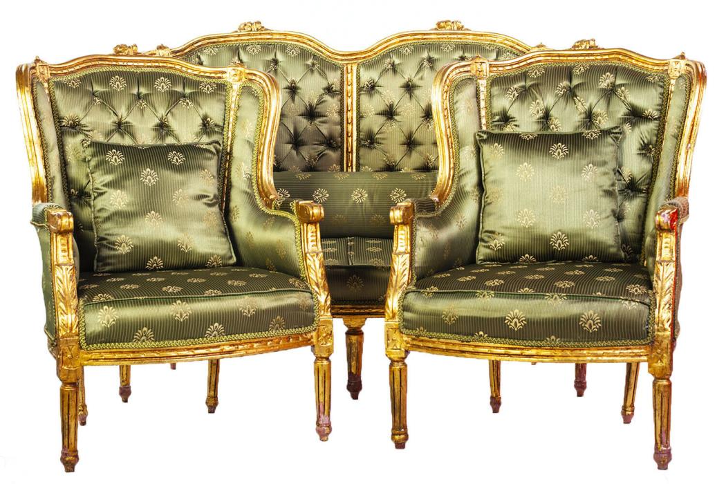 French Louis XVI Gilt Wood Sofa And 2 Arm Chairs Set Gold High Back