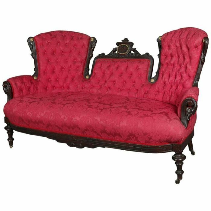Antique Renaissance Revival Jelliffe School Carved & Inlaid Walnut Sofa