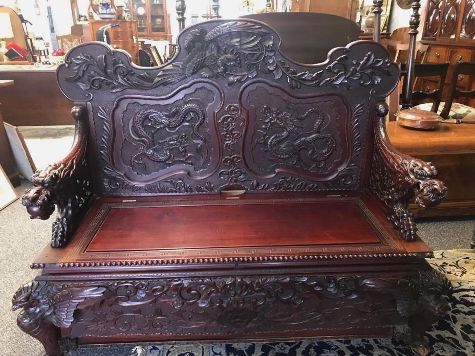 Antique Chinese Dragons Gargoyles Carved Bench Settee Chase w/Storage
