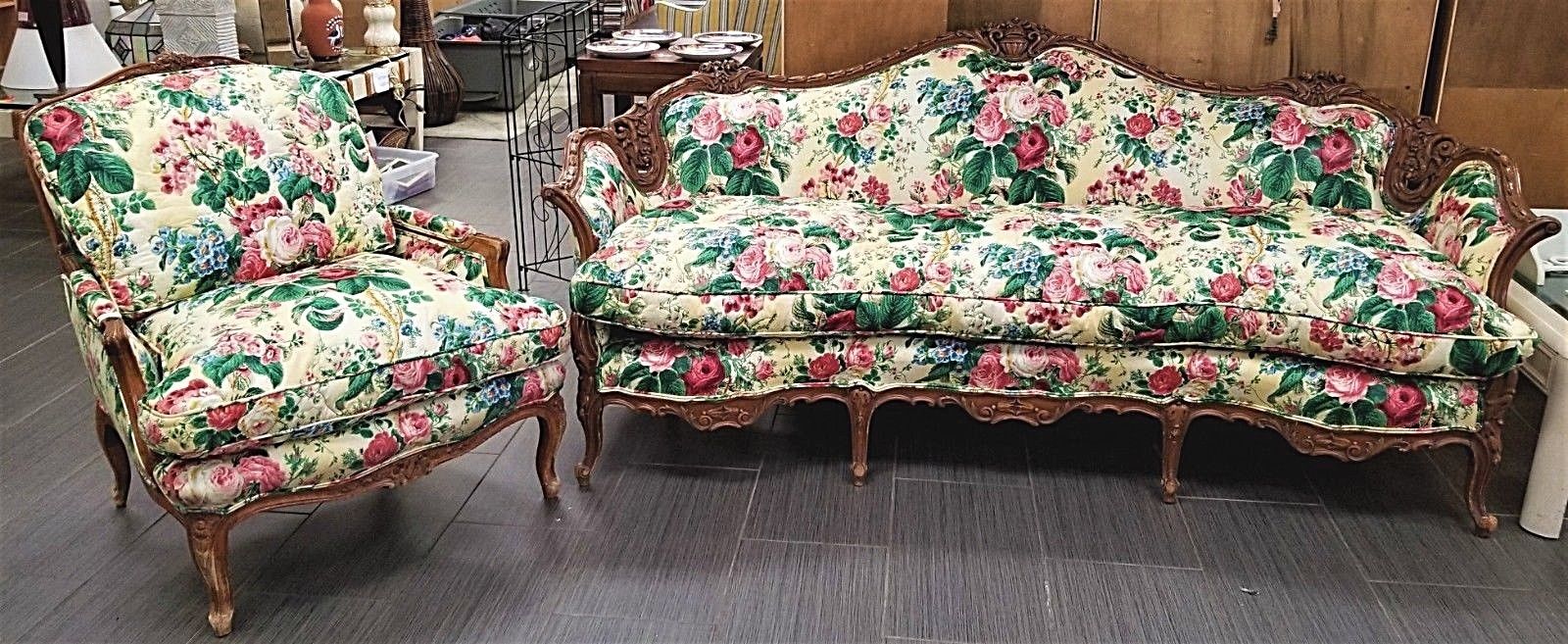 Beautiful Antique Custom Made Hand Carved Down Sofa & Chair Roses Floral Flowers