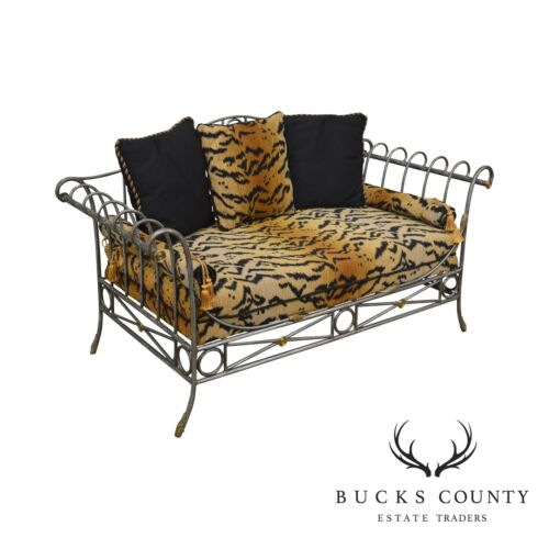 Directoire Style Steel & Brass Tiger Print Settee Love Seat by Pulaski
