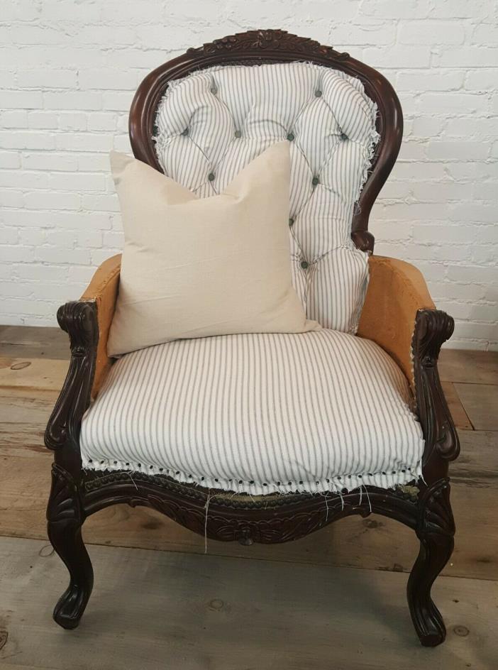 Vintage Deconstructed Gray& White Tufted Chair Farmhouse Style Burlap Furniture