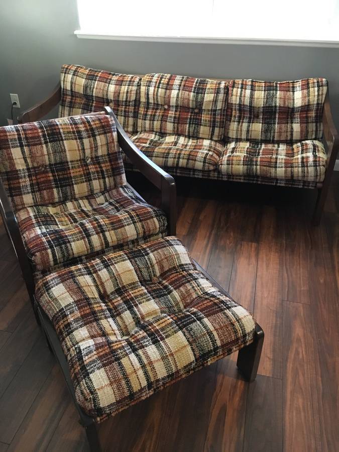 Vintage plaid coach chair ottoman footstool retro mod 1960s black brown orange