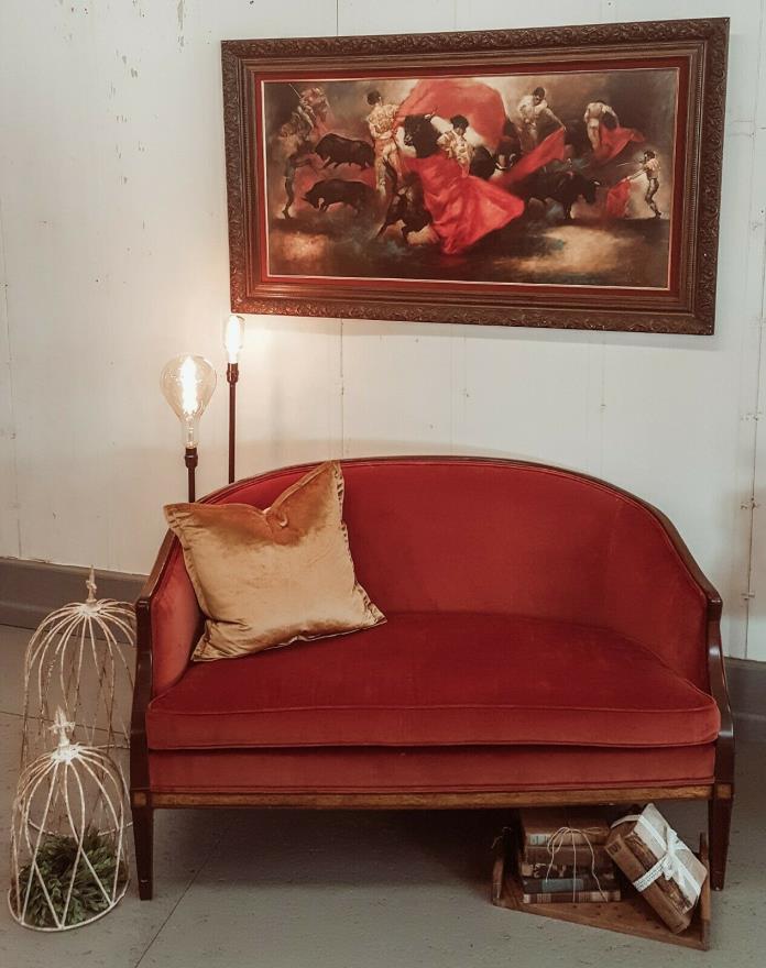 Vintage Velvet Rust Orange Settee Antique Couch Excellent Condition
