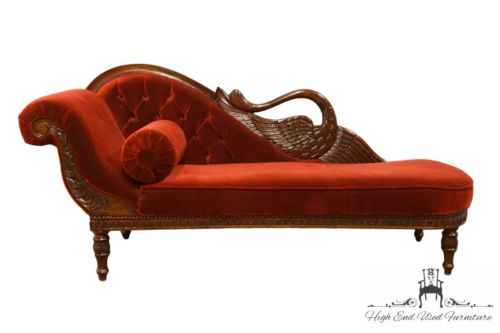 Vintage Ornate Red Upholstered Chaise Lounge w. Swan Detail