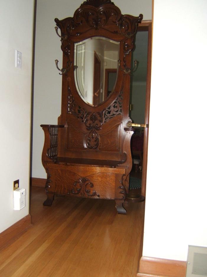 Antique Solid Oak Mirror Hall Tree bench 38w16d86h