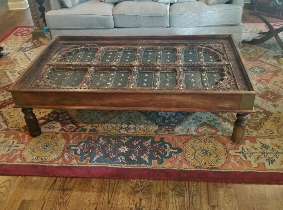 ANTIQUE ORNATE CARVED WOOD SPANISH MOROCCAN DOOR BRASS MOUNTS COFFEE TABLE