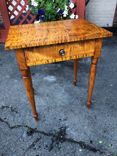 Antique American-Sheraton Stand Circa 1800s Tiger & Birdseye Maple1 Drawer Stand