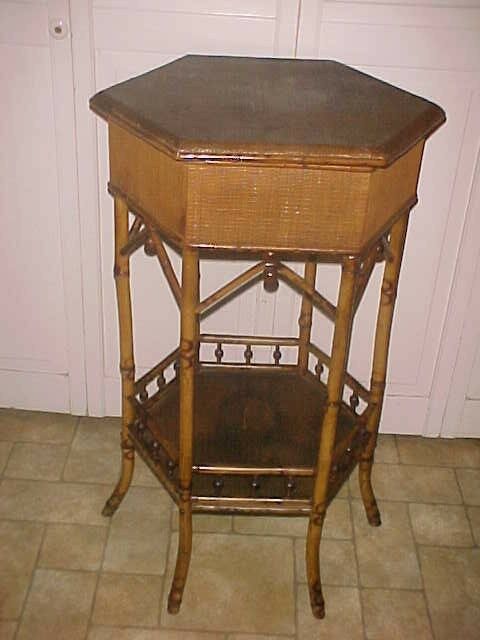 ANTIQUE BAMBOO - WICKER SEWING TABLE - RARE HEXAGONAL SHAPE