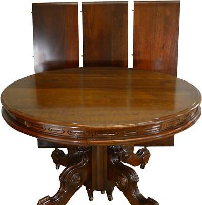 17432 Victorian Round Walnut Dining Table w/ Carved Skirt Split Base 3 Leaves