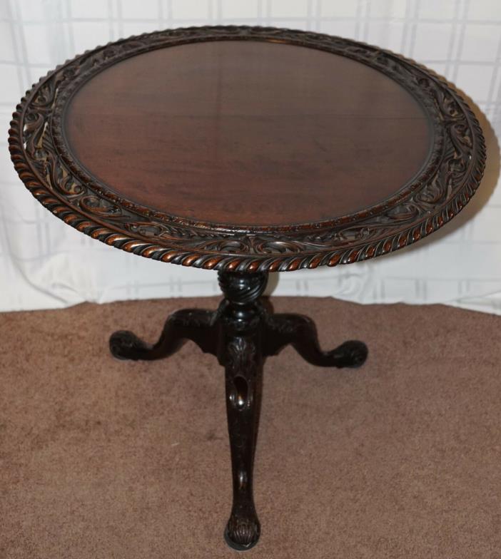 Antique Walnut Tilt Top Table with Ornate Carved Edge