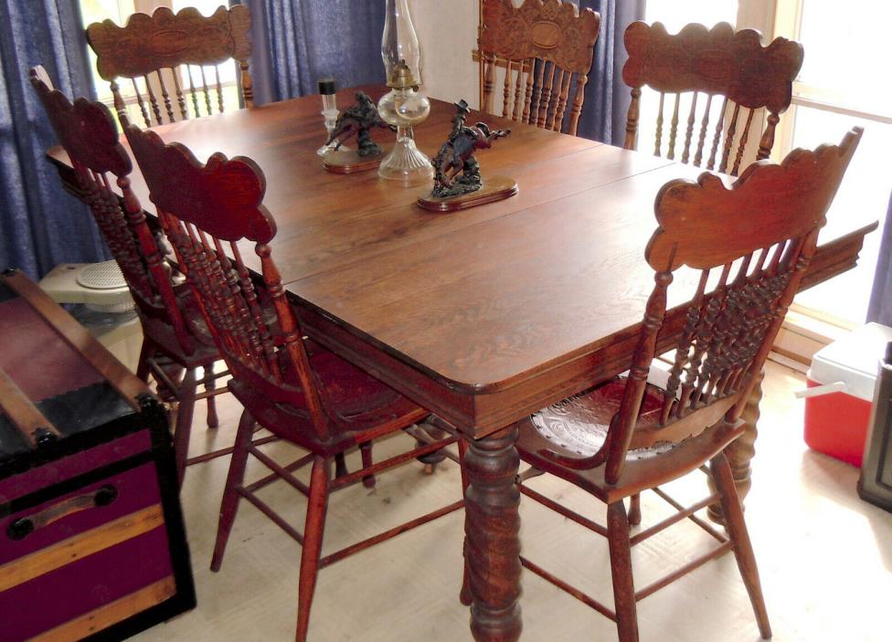 Oak Farmhouse Threshers Table with 6 leaves & 6 press-backed chairs