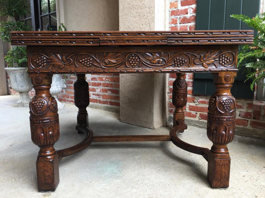 Large Antique English Carved Tiger Oak Draw Leaf Dining TABLE Jacobean Square