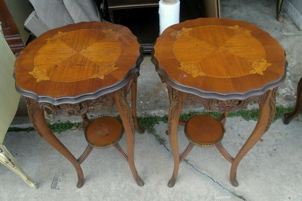Pair of French Marquetry Inlaid Side End Lamp Tables With Lower Shelf And Brass