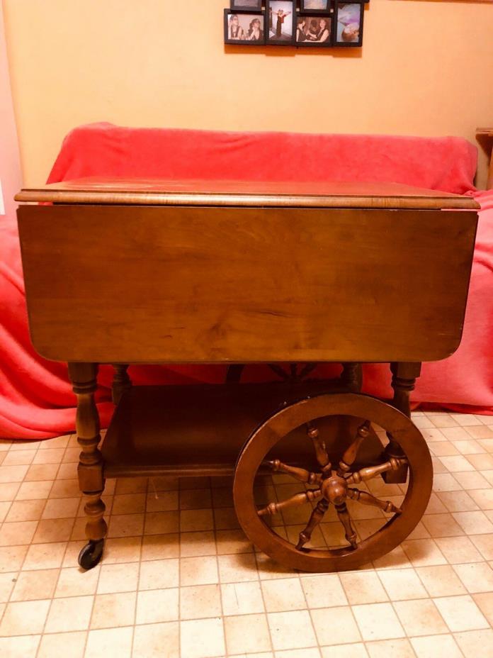 Vintage Tea Cart Table On Wheels Solid Wood with Serving Tray