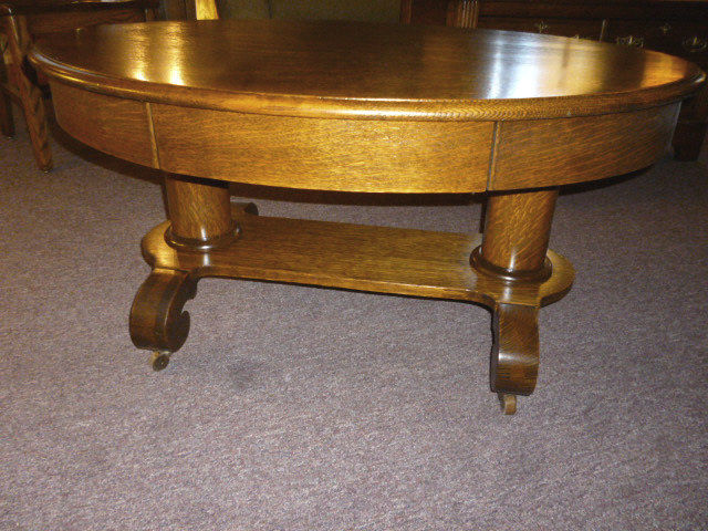 Antique Oak Table  Coffee table oval pillars 1900's drawer refinished 1/4 sawn