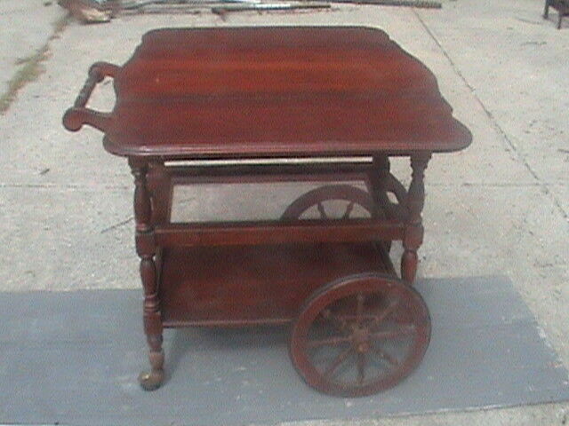Antique wheeled serving cart fold down top slide out glass pull out draw rare