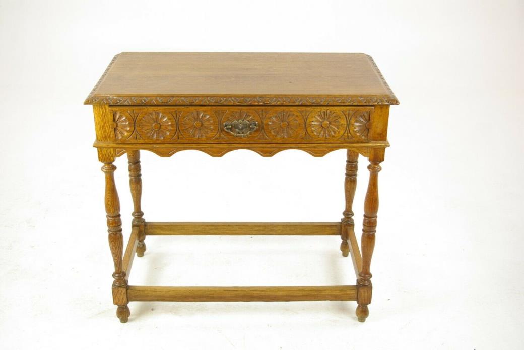 Antique Oak Table, Carved Tiger Oak Hall Table, Scotland 1910s, B1420A