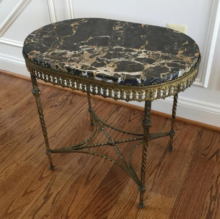 Black Marble Oval French Side End Accent Coffee TABLE Iron Brass Base Antique