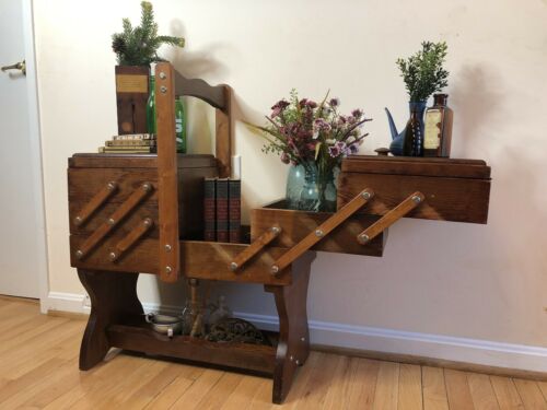 Vintage Wooden Expanding Sewing Box/table, Vintage End Table, Wooden Plant Stand