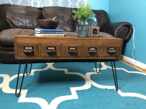 Vintage Coffee table, Repurposed Library Card  Catalog, Hairpin legs