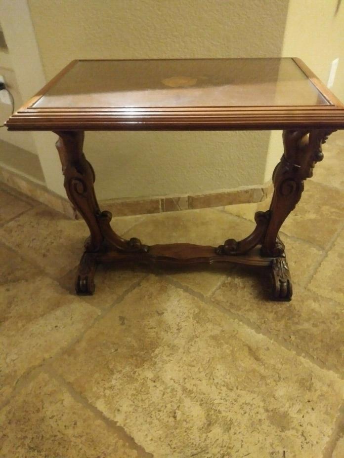 Antique Hand Carved End Table With Maidens And Inlaid Top