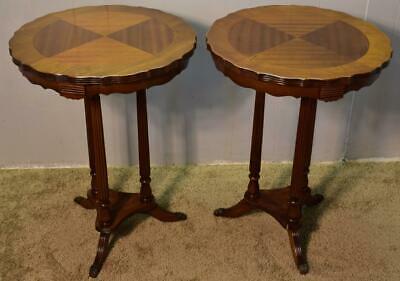 1950s pair of Regency style mahogany round side tables / lamp tables