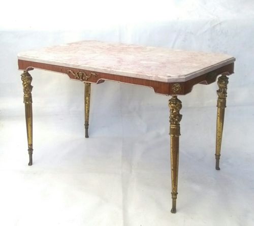 Antique French Louis XVI Style brass man legs & Mahogany Marble Top Coffee Table